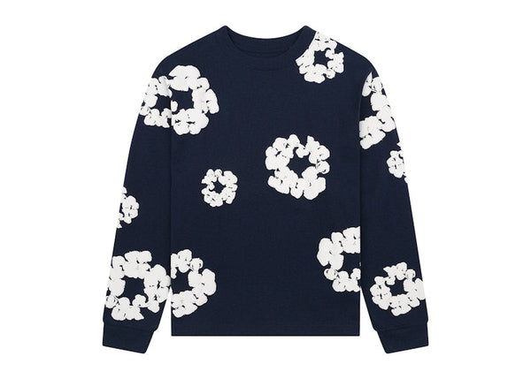 T-shirt à manches longues en coton avec motif couronne et larmes en denim bleu marine 