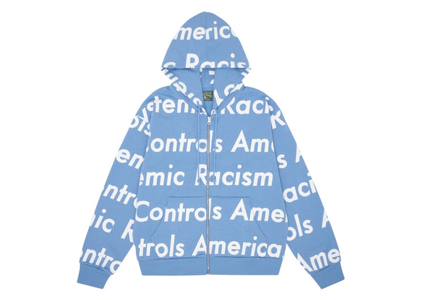 Sweat à capuche zippé Denim Tears x Arthur Jafa Systemic Racism Controls America, bleu poussiéreux