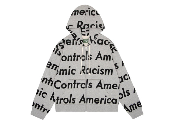 Sweat à capuche zippé Denim Tears x Arthur Rafa « Le racisme systémique contrôle l'Amérique » gris chiné