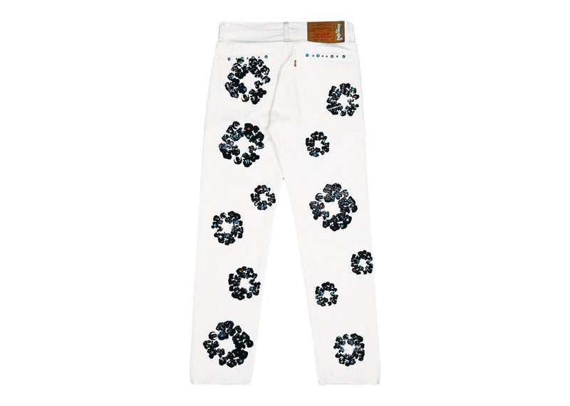 Jean Denim Tears x Levi's 501 en coton avec couronne de strass, blanc
