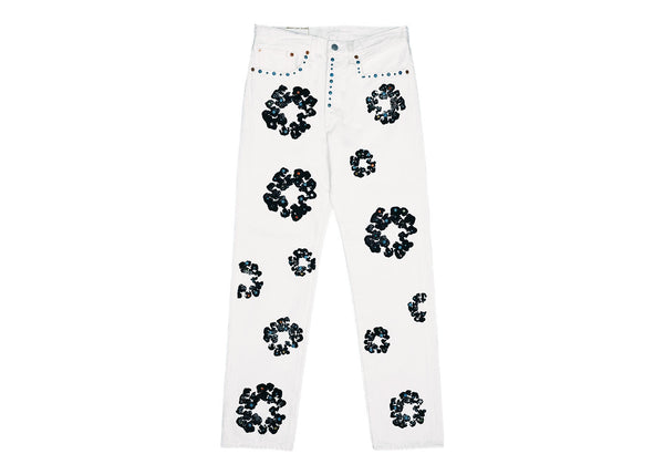 Jean Denim Tears x Levi's 501 en coton avec couronne de strass, blanc