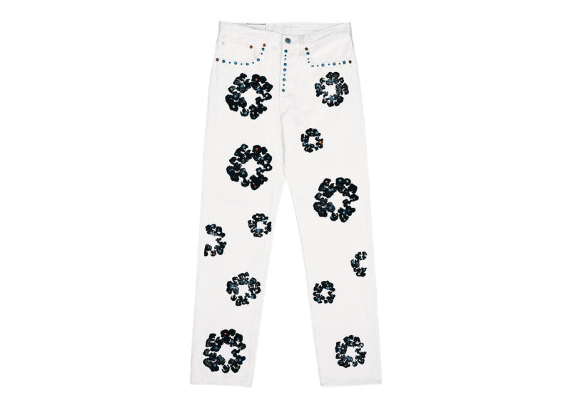 Jean Denim Tears x Levi's 501 en coton avec couronne de strass, blanc