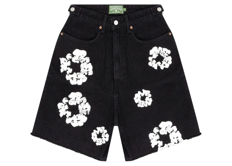 Short en jean noir avec couronne en coton et déchirures en denim