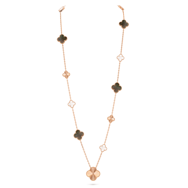 Magic Alhambra transformable long necklace, 15 motifs 18K rose gold, Mother-of-pearl