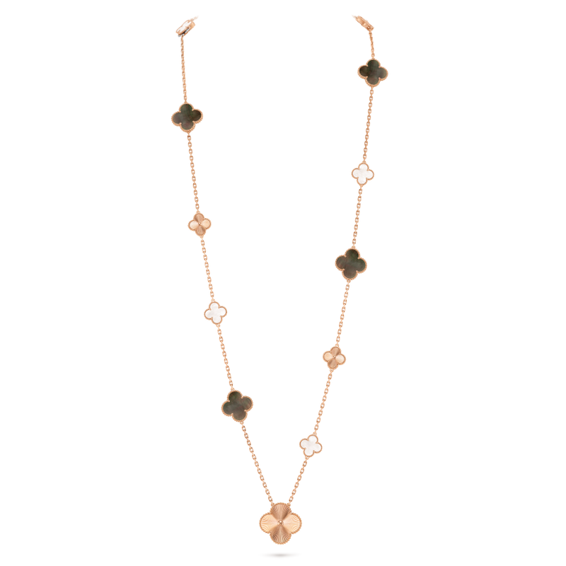 Magic Alhambra transformable long necklace, 15 motifs 18K rose gold, Mother-of-pearl