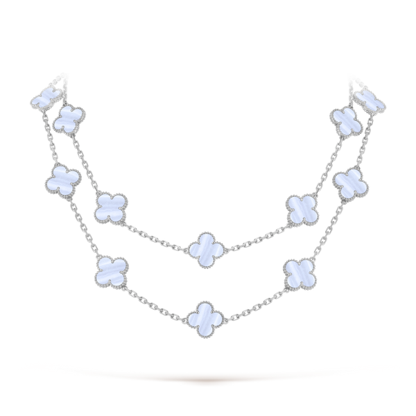 Vintage Alhambra long necklace, 20 motifs 18K white gold, Chalcedony