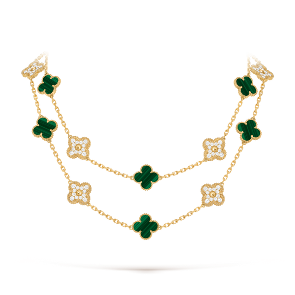Vintage Alhambra long necklace, 20 motifs 18K yellow gold, Diamond, Malachite