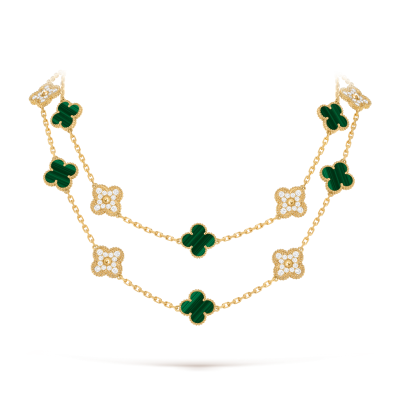 Vintage Alhambra long necklace, 20 motifs 18K yellow gold, Diamond, Malachite