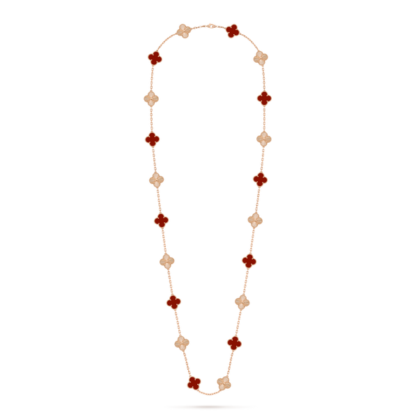 Vintage Alhambra long necklace, 20 motifs 18K rose gold, Carnelian