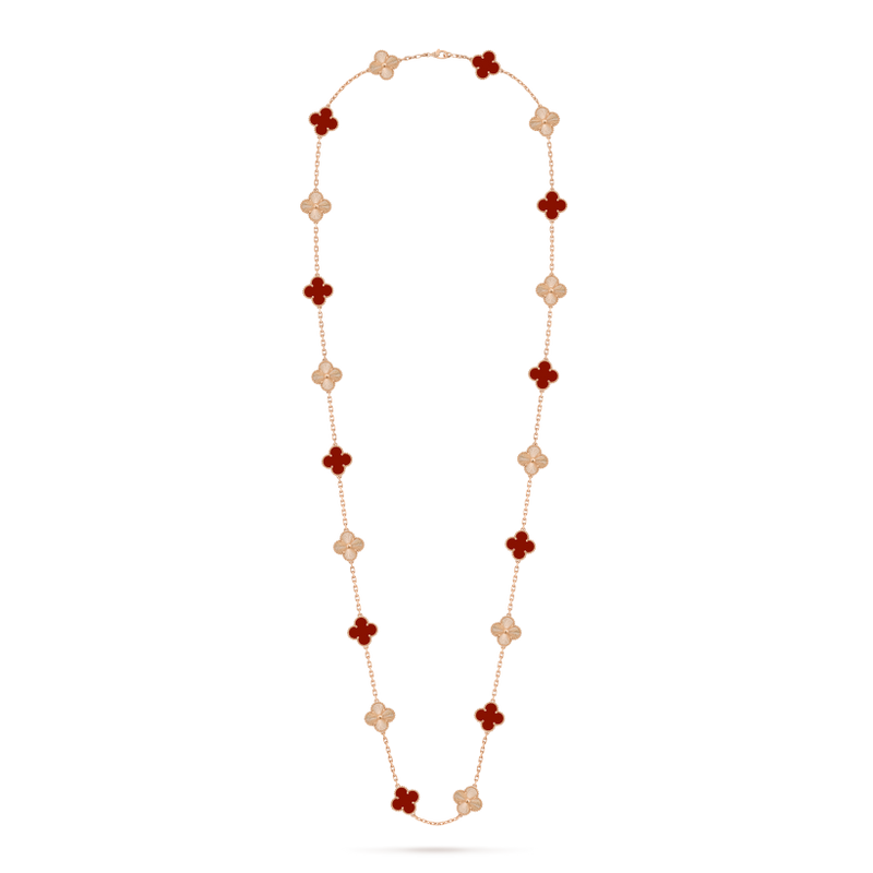 Vintage Alhambra long necklace, 20 motifs 18K rose gold, Carnelian