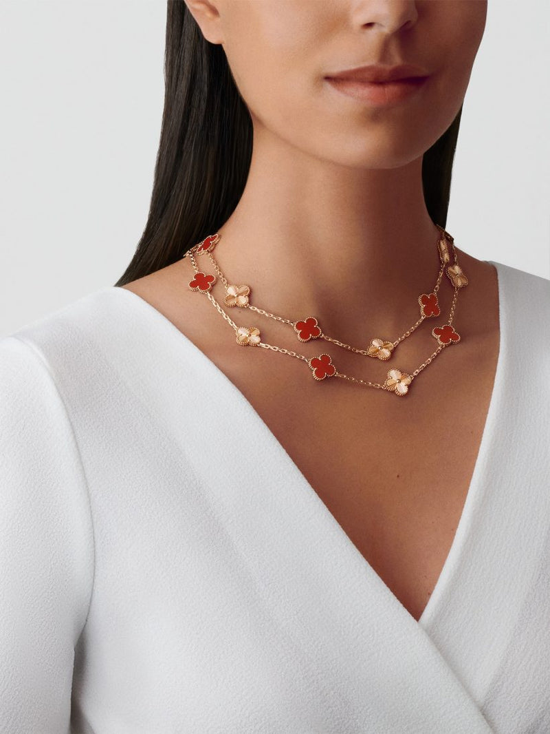 Vintage Alhambra long necklace, 20 motifs 18K rose gold, Carnelian