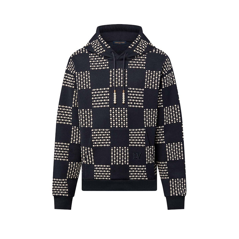 Sweat à capuche en coton Louis Vuitton avec broderie perle Damier bleu nuit foncé