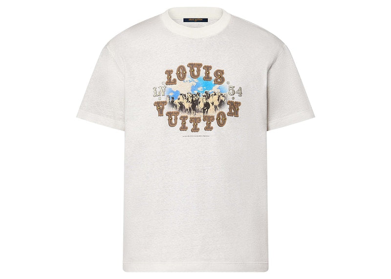 Louis Vuitton Grafisches T-Shirt aus Baumwoll-Leinen-Mischung Milchweiß