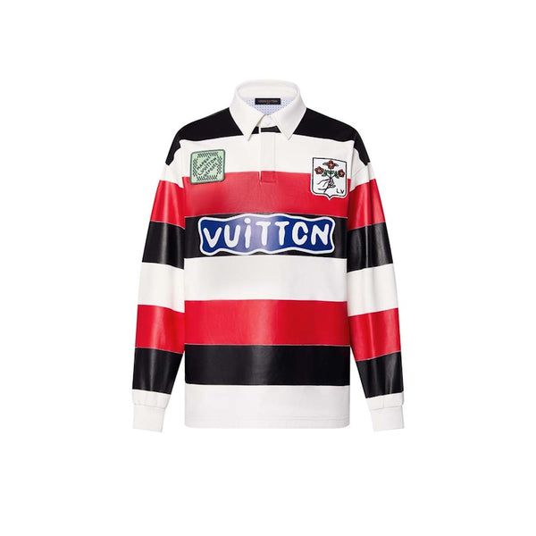 Louis Vuitton Langärmliges Rugby-Poloshirt aus Leder mit Intarsienmuster in leuchtendem Rot