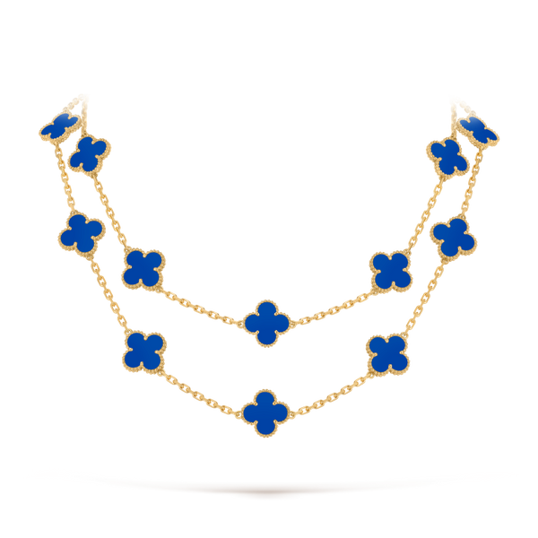 Vintage Alhambra long necklace, 20 motifs 18K yellow gold, Agate