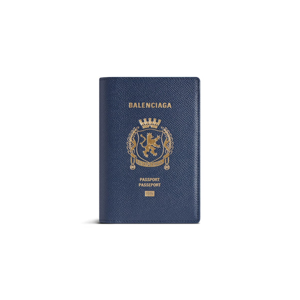 Étui pour passeport Balenciaga en cuir de veau texturé souple semi-mat bleu passeport 