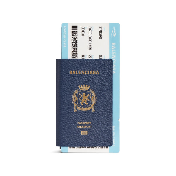 Portefeuille long Balenciaga Passport 1 Ticket en cuir de veau texturé souple semi-mat bleu passeport 