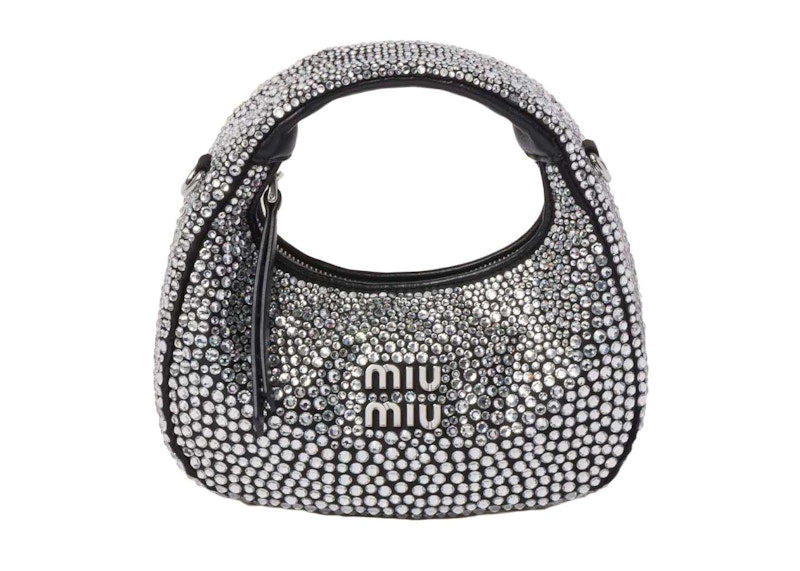 Miu Miu Wander Mini-Hobo-Tasche aus Satin und Seide mit synthetischen Kristallen Schwarz