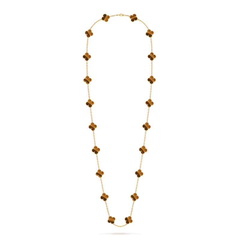 Vintage Alhambra long necklace, 20 motifs 18K yellow gold, Tiger Eye