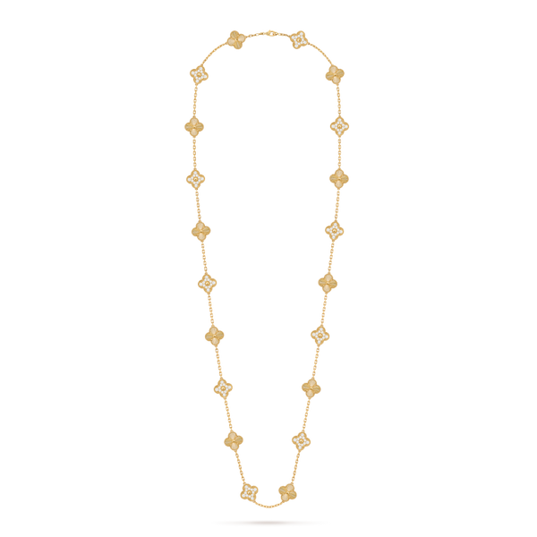 Vintage Alhambra long necklace, 20 motifs 18K yellow gold, Diamond