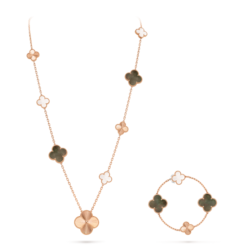 Magic Alhambra transformable long necklace, 15 motifs 18K rose gold, Mother-of-pearl