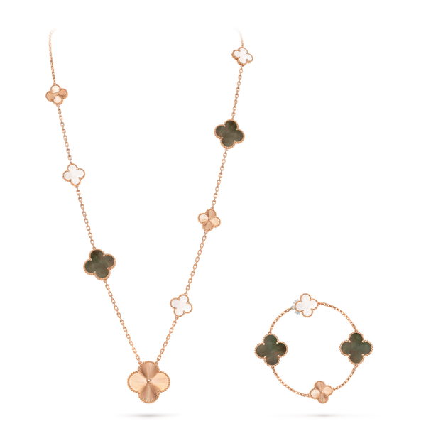 Magic Alhambra transformable long necklace, 15 motifs 18K rose gold, Mother-of-pearl