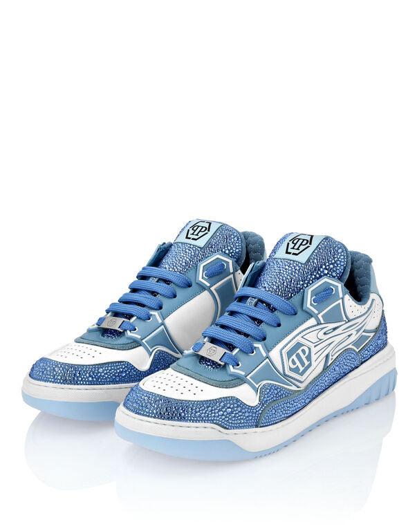 Baskets basses en cuir Philipp Plein Moon Walker blanc / bleu clair