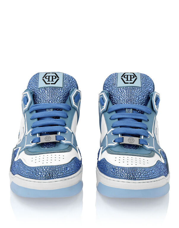 Baskets basses en cuir Philipp Plein Moon Walker blanc / bleu clair
