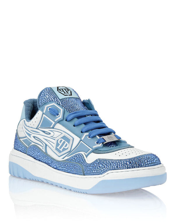 Baskets basses en cuir Philipp Plein Moon Walker blanc / bleu clair