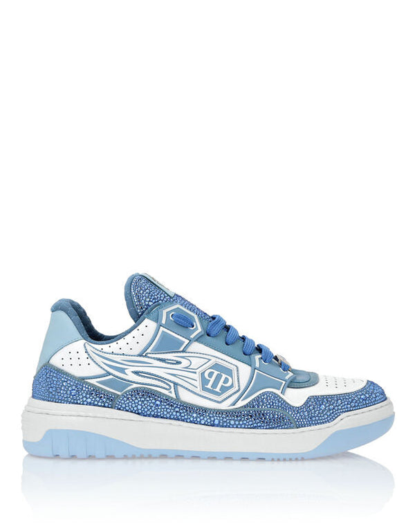 Baskets basses en cuir Philipp Plein Moon Walker blanc / bleu clair
