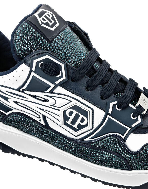 Baskets basses en cuir Philipp Plein Moon Walker Blanc / Bleu foncé