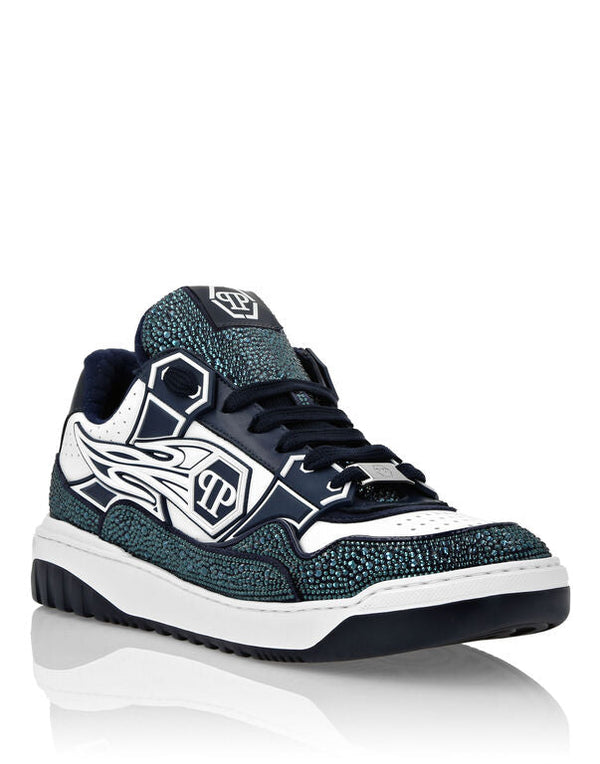 Baskets basses en cuir Philipp Plein Moon Walker Blanc / Bleu foncé