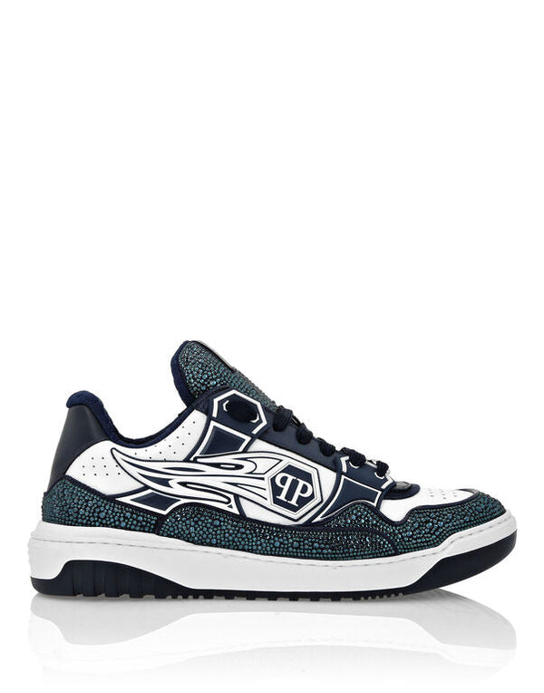 Baskets basses en cuir Philipp Plein Moon Walker Blanc / Bleu foncé