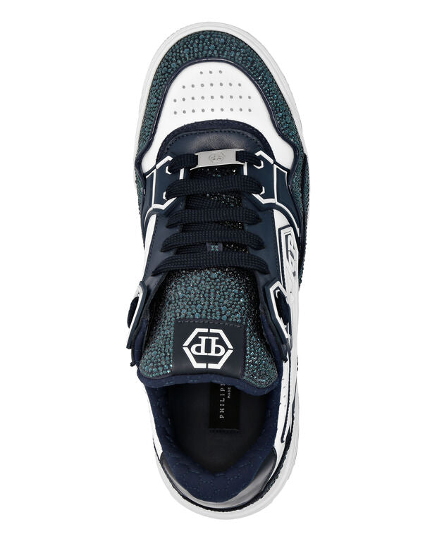 Baskets basses en cuir Philipp Plein Moon Walker Blanc / Bleu foncé