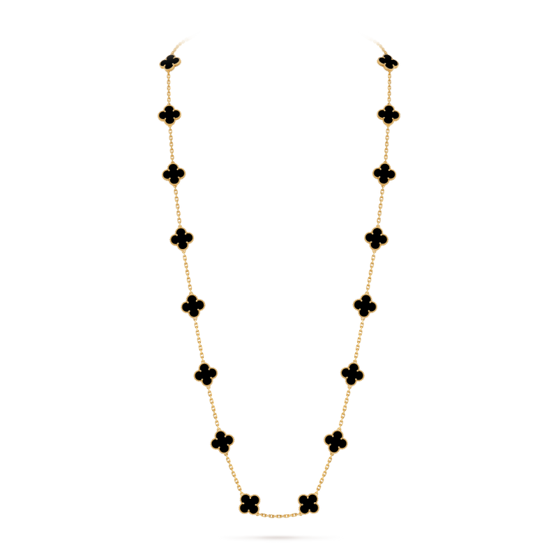Vintage Alhambra long necklace, 20 motifs 18K yellow gold, Onyx