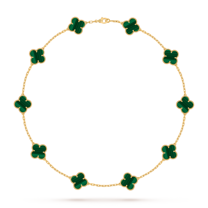 Vintage Alhambra necklace, 10 motifs 18K yellow gold, Malachite