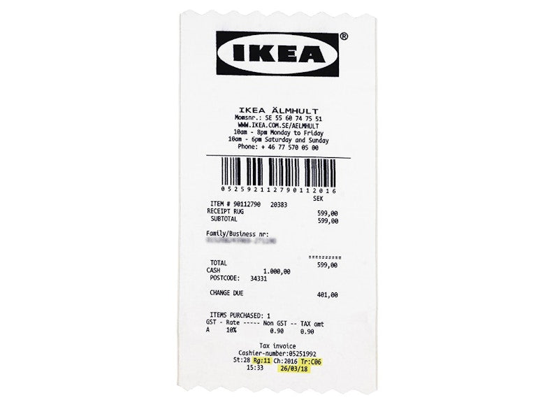 Tapis Virgil Abloh x IKEA MARKERAD « RECEIPT » 201 x 89 cm Blanc/Noir