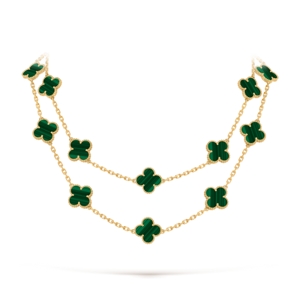 Vintage Alhambra long necklace, 20 motifs 18K yellow gold, Malachite