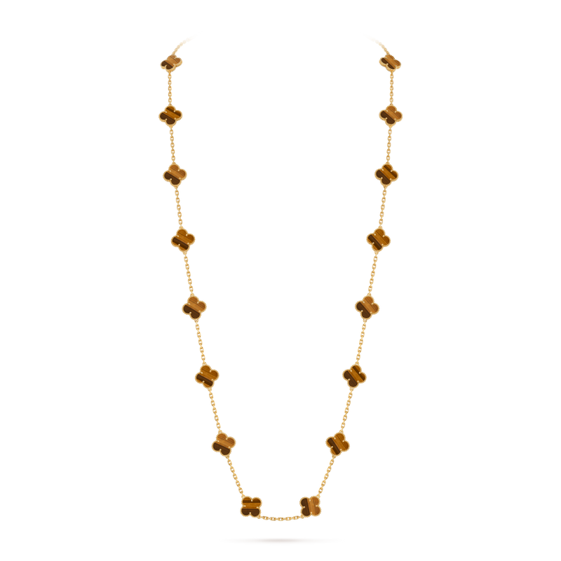 Vintage Alhambra long necklace, 20 motifs 18K yellow gold, Tiger Eye