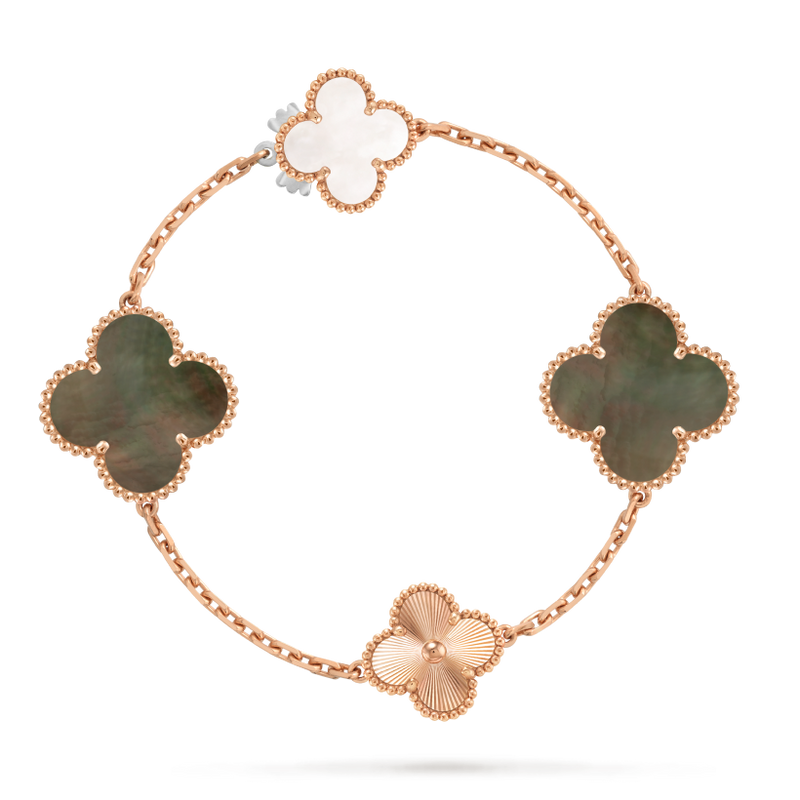 Magic Alhambra transformable long necklace, 15 motifs 18K rose gold, Mother-of-pearl