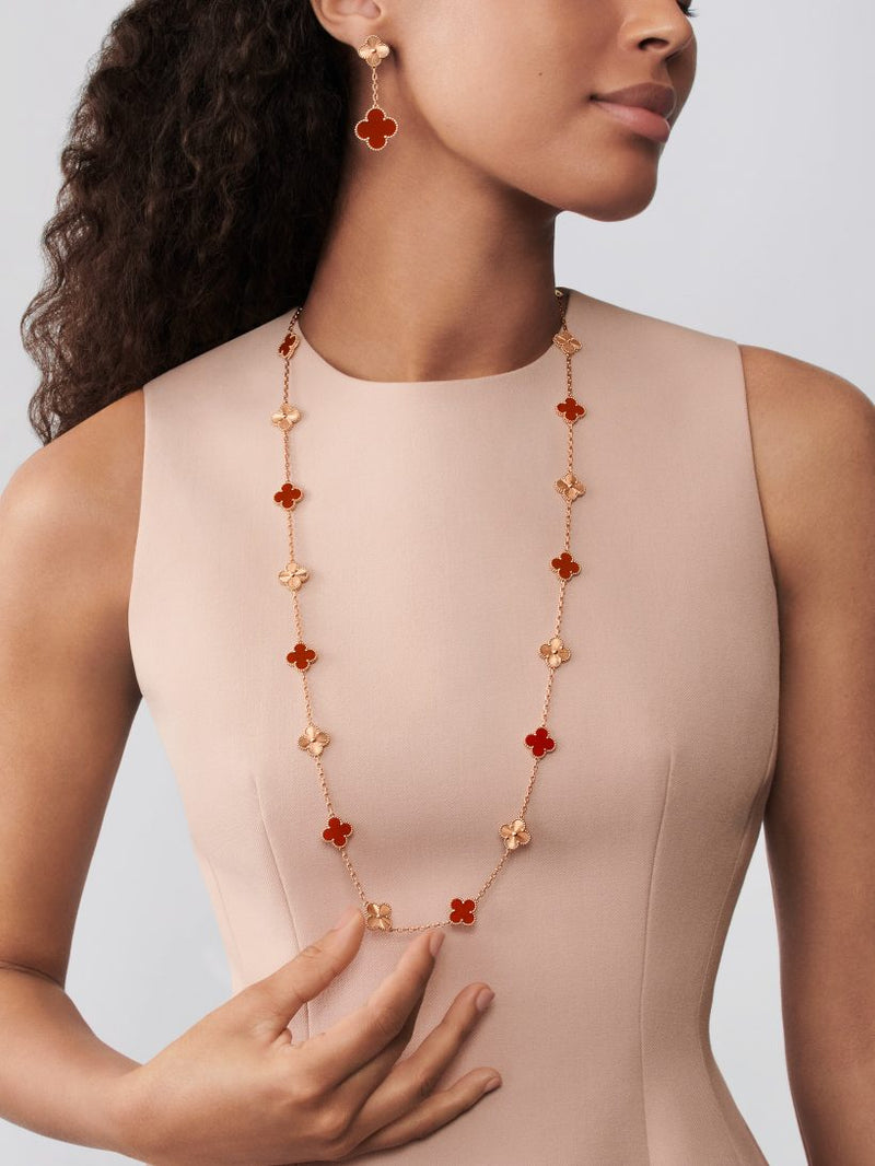 Vintage Alhambra long necklace, 20 motifs 18K rose gold, Carnelian