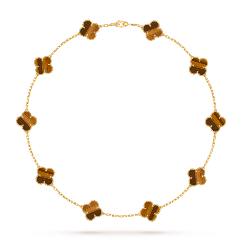 Vintage Alhambra necklace, 10 motifs 18K yellow gold, Tiger Eye