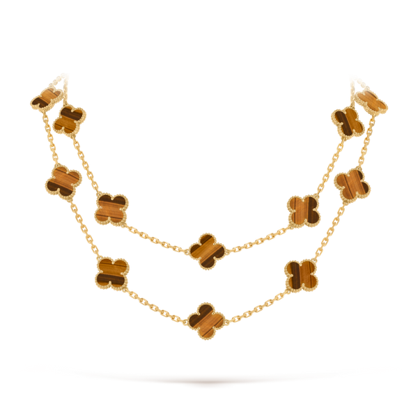 Vintage Alhambra long necklace, 20 motifs 18K yellow gold, Tiger Eye
