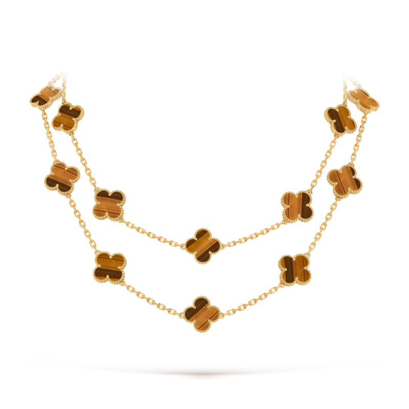 Vintage Alhambra long necklace, 20 motifs 18K yellow gold, Tiger Eye