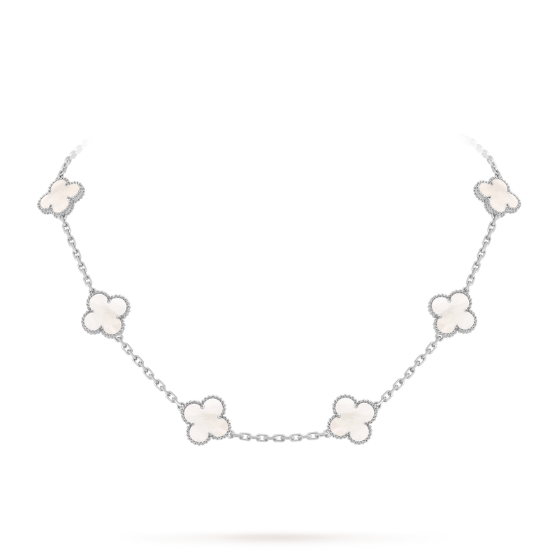 Vintage Alhambra necklace, 10 motifs 18K white gold, Mother-of-pearl