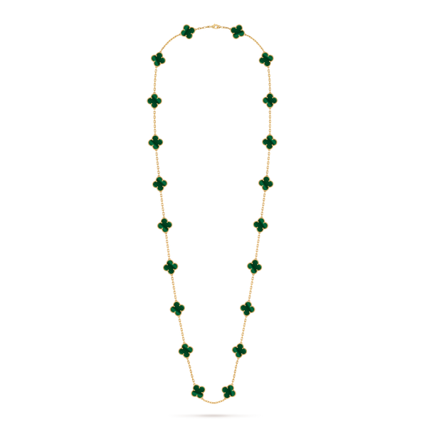 Vintage Alhambra long necklace, 20 motifs 18K yellow gold, Malachite