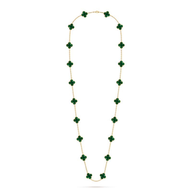 Vintage Alhambra long necklace, 20 motifs 18K yellow gold, Malachite