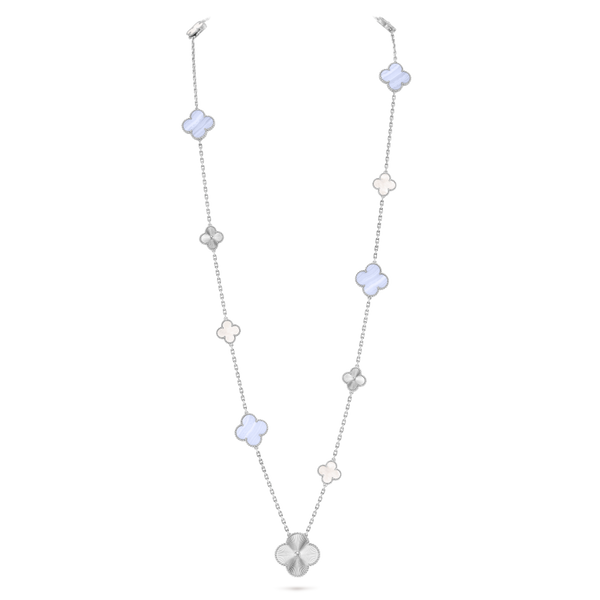 Magic Alhambra transformable long necklace, 15 motifs 18K white gold, Chalcedony, Mother-of-pearl
