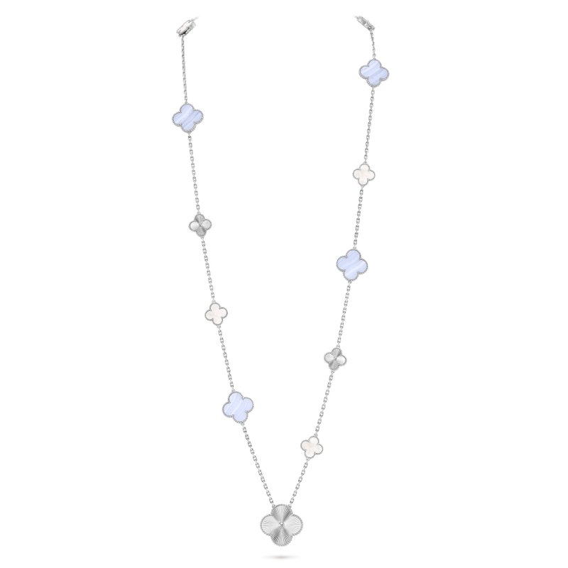 Magic Alhambra transformable long necklace, 15 motifs 18K white gold, Chalcedony, Mother-of-pearl