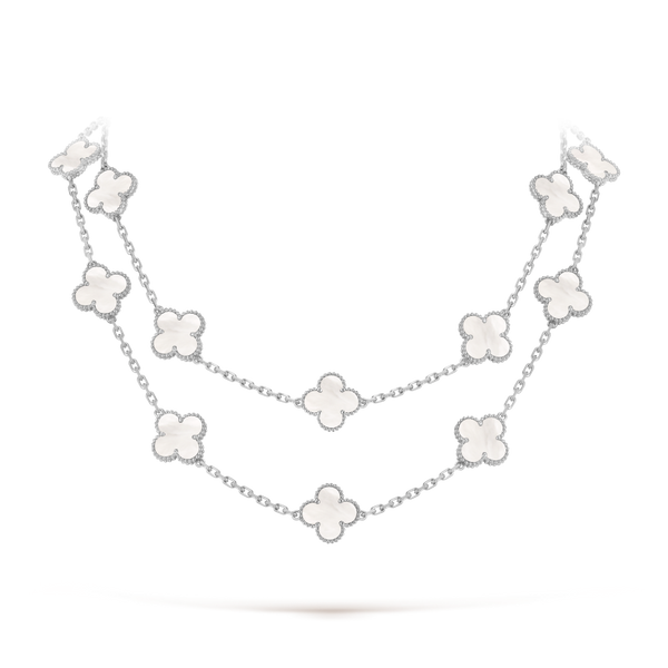 Vintage Alhambra long necklace, 20 motifs 18K white gold, Mother-of-pearl